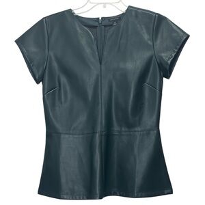 Ann Taylor Forest Green Faux Leather Cap Sleeve Y-Neck Peplum Top Size XXS